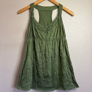 Belle Du Jour Olive Green Boho Top with Intricate Lace size L